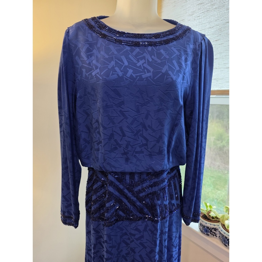 Vintage 80s Satin Print Royal Blue Maxi Cocktail Dress Open Back Sz.8/10 (M) - Picture 14 of 15
